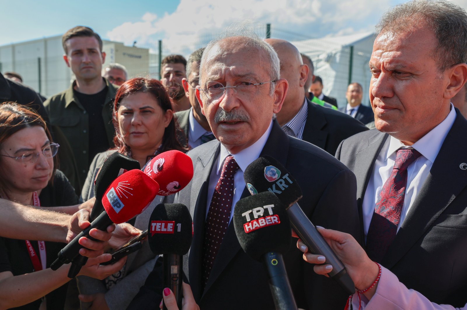 Kemal Kılıçdaroğlu, presidential runner of the main opposition, talks to reporters following a visit to a field hospital in the Adıyaman province, Türkiye, April 21, 2023. (AA Photo)