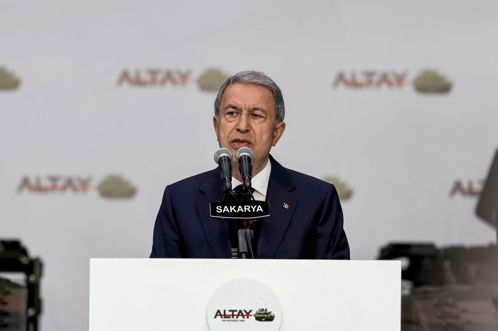 Defense Minister Hulusi Akar speaks at the delivery ceremony of new Altay tanks to the Turkish Armed Forces for tests in the northwestern Sakarya province, Türkiye, April 23, 2023 (AA Photo)