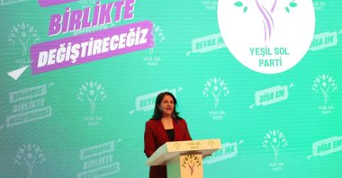 Co-leader of the pro-PKK Peoples' Democratic Party (HDP) Pervin Buldan speaks during a meeting where the Green Left Party's (YSP) election manifesto was announced, Ankara, Türkiye, March 30, 2023. (AFP Photo)