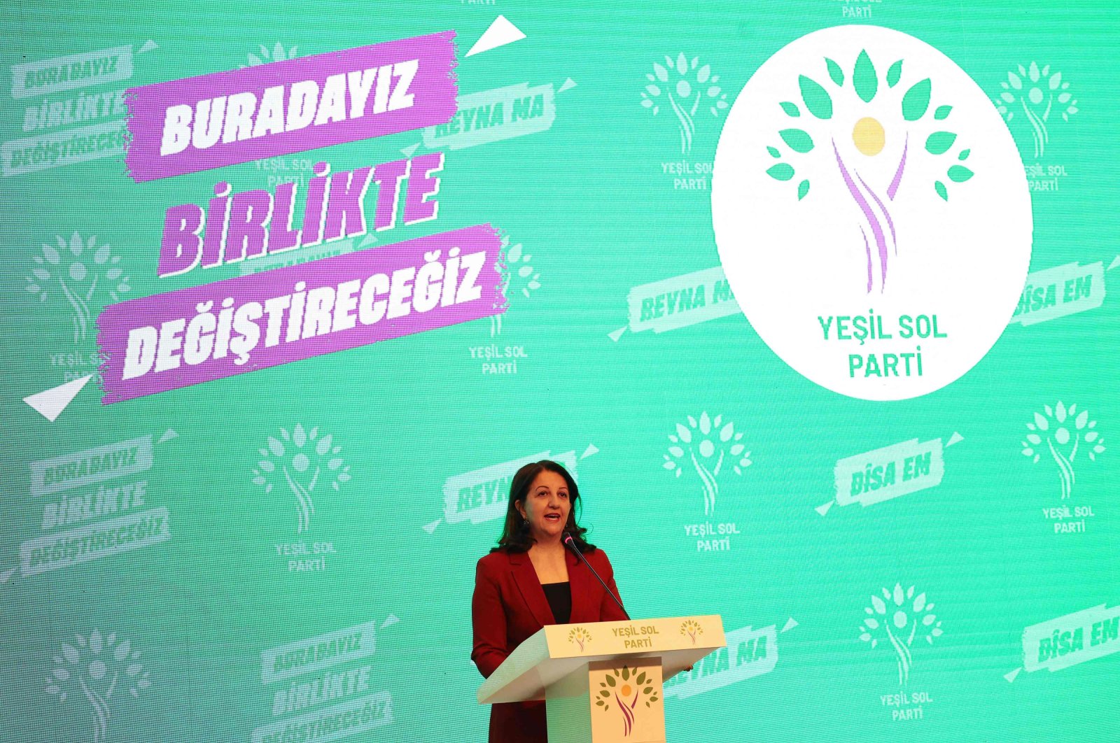 Co-leader of the pro-PKK Peoples&#039; Democratic Party (HDP) Pervin Buldan speaks during a meeting where the Green Left Party&#039;s (YSP) election manifesto was announced, Ankara, Türkiye, March 30, 2023. (AFP Photo)