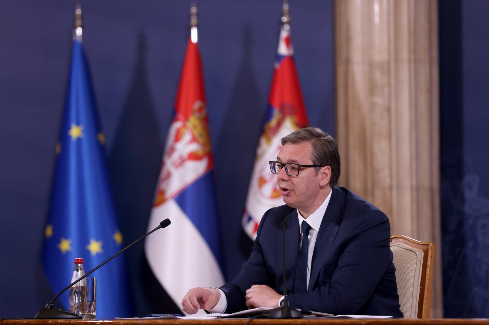 Serbian President Aleksandar Vucic addresses a news conference in Belgrade, Serbia, April 24, 2023. (EPA Photo)