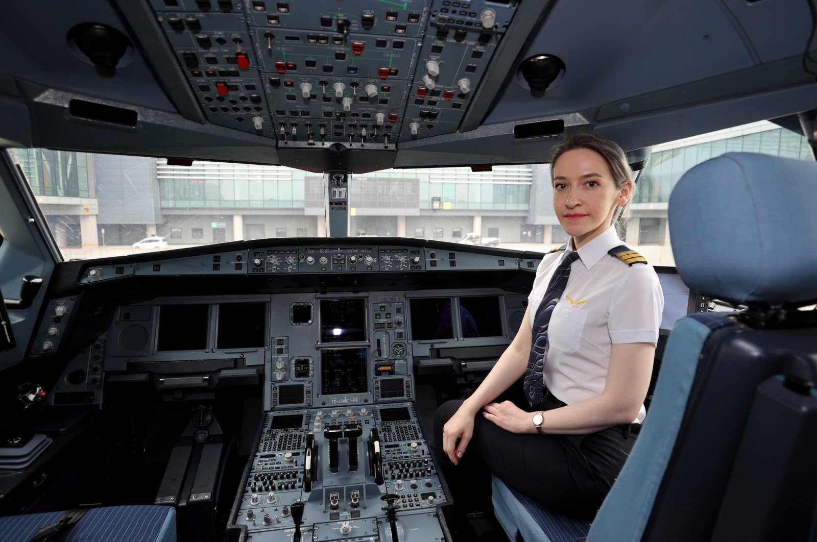 Belgin Ayhan is photograped in a cockpit during her interview with Anadolu Agency, Istanbul, Türkiye, April 26, 2023. (AA Photo)