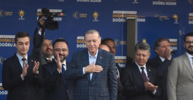 President Recep Tayyip Erdoğan greets the crowd at an event in Manisa, western Türkiye, April 24, 2023. (DHA Photo)