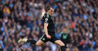 Leicester City's Çağlar Söyüncü in action during the Premier League match against Manchester City at Etihad Stadium, Manchester, U.K., April 15, 2023. (Getty Images Photo)