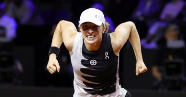 Poland's Iga Swiatek celebrates winning her final match against Belarus' Aryna Sabalenka at the Porsche Tennis Grand Prix tournament, Stuttgart, Germany, April 23, 2023. (EPA Photo)