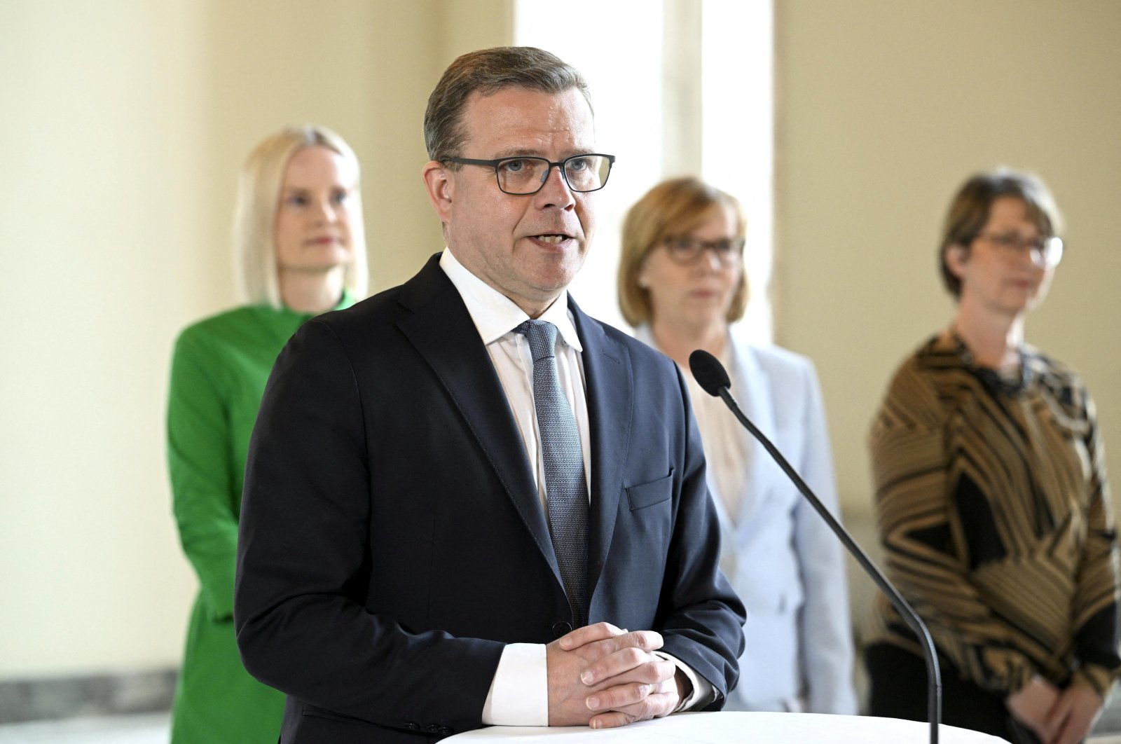 National Coalition chair Petteri Orpo speaks during a news conference at the Parliament House in Helsinki, Finland on Thursday, April 27, 2023. (Reuters Photo)