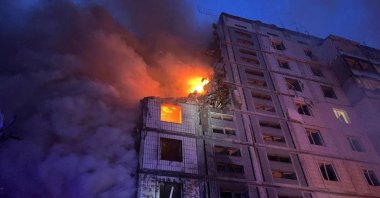 A view shows a heavily damaged residential building hit by a Russian missile, amid Russia's attack on Ukraine, Uman, Cherkasy, Ukraine, April 28, 2023. (Reuters Photo)