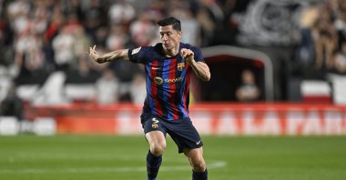 Barcelona&#039;s Robert Lewandowski in action during the La Liga match against Rayo Vallecano at Campo de Futbol de Vallecas, Madrid, Spain, April 26, 2023. (AA Photo)
