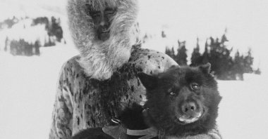Gunnar Kaasen and with his dog Balto, the heroic dogsled team leader, sit for a portrait in the early 1920s. (AP Photo)