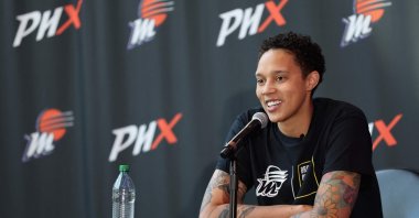 Phoenix Mercury&#039;s Brittney Griner speaks during a "Bring Our Families Home" press conference at Footprint Center, Phoenix, US., April 27, 2023. (AFP Photo)
