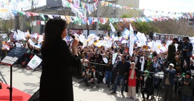 Peoples’ Democratic Party (HDP) co-Chair Pervin Buldan speaks at an election rally, in Van, eastern Türkiye, April 26, 2023. (AA Photo)