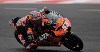 KTM Turkish rider Deniz Öncü in a Moto3 practice session of the Argentina Grand Prix at Termas de Rio Hondo circuit, Santiago del Estero, Argentina, April 1, 2023. (AFP)