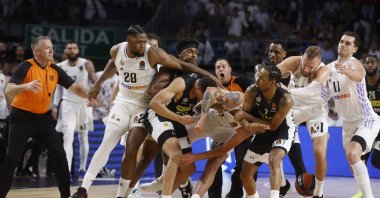 Players scuffle during the Euroleague basketball match between Real Madrid and Partizan Belgrade at Wizink Center, Madrid, Spain, April 27, 2023. (EPA Photo)
