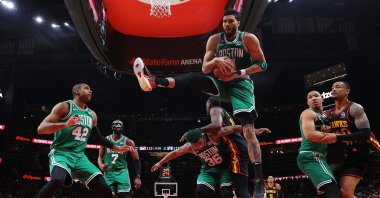 Boston Celtics Jayson Tatum (3rd R) grabs a rebound against the Atlanta Hawks during the fourth quarter of Game Six of the Eastern Conference First Round Playoffs at State Farm Arena, Atlanta, US., April 27, 2023. (AFP Photo)