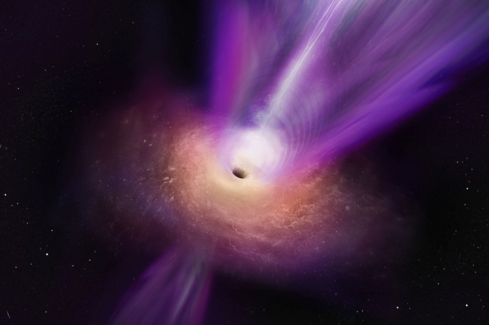An artist&#039;s conception shows a black hole’s massive jet rising up from the center of the black hole. (Reuters Photo)