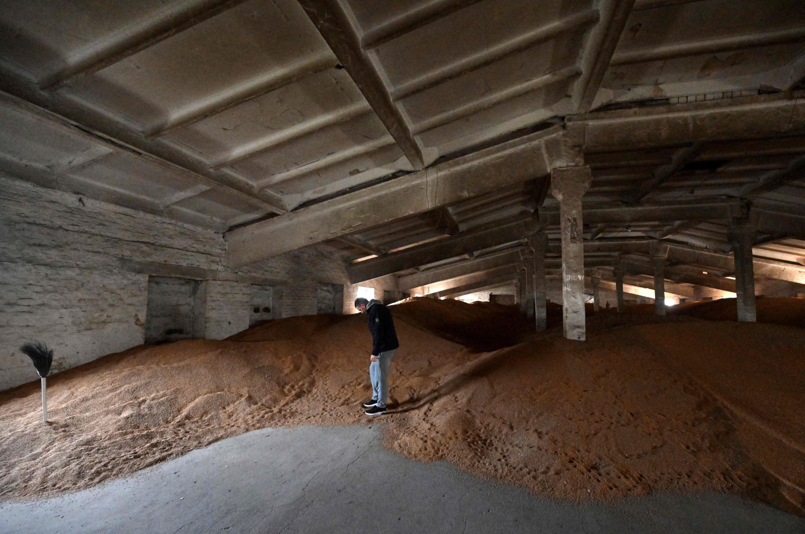 Petro Potapenko examines remnants of unsold grain in the storage of his farm in Kyiv region, Ukraine, April 19, 2023. (AFP Photo)