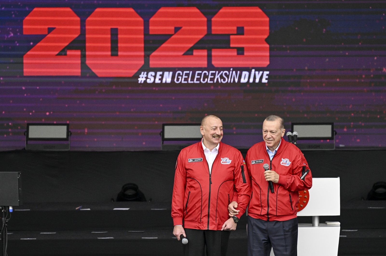 Azerbaijani President Ilham Aliyev (L) and President Recep Tayyip Erdoğan attend Teknofest, in Istanbul, Türkiye, April 29, 2023. (AA Photo)