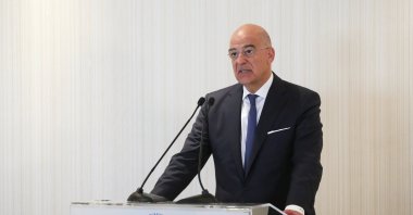 Greek FM Nikos Dendias speaks at an event, in Athens, Greece, Apr. 21, 2023. (AA Photo) 