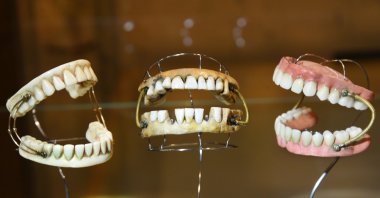 A complete set of ivory teeth from around 1750 (left), a so-called Waterloo set of teeth, which served a person for about 5 to 10 years (C), and a rubber set of teeth with springs from around 1870 (R). (dpa Photo)
