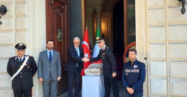 The Italian government delivers a historical tombstone that is believed to be smuggled from Zeugma ancient city to Türkiye after a series of collaboration efforts, Rome, Italy, April 28, 2023. (DHA Photo)