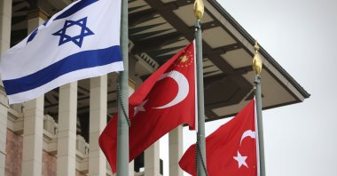 The Turkish and Israeli flags wave during a ceremony where Israeli President Isaac Herzog was welcomed with an official ceremony by President Recep Tayyip Erdoğan in capital Ankara, Türkiye, March 9, 2022. (Getty Images Photo)
