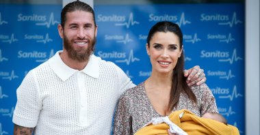 PSG's Sergio Ramos and his wife Pilar Rubio present their new born child Maximo Adriano at La Moraleja Hospital, Madrid, Spain, July 28, 2020. (Getty Images Photo)
