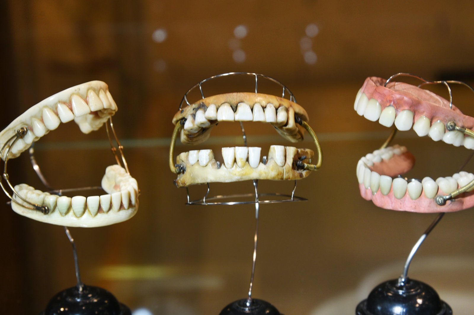 A complete set of ivory teeth from around 1750 (left), a so-called Waterloo set of teeth, which served a person for about 5 to 10 years (C), and a rubber set of teeth with springs from around 1870 (R). (dpa Photo)