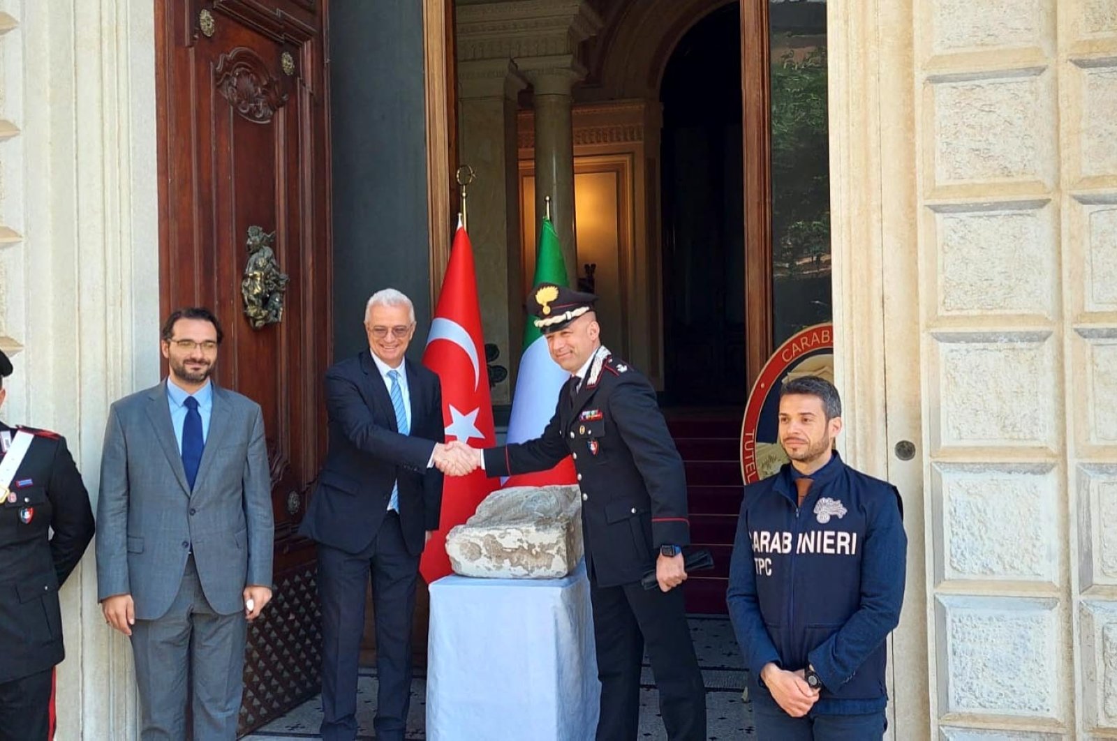 The Italian government delivers a historical tombstone that is believed to be smuggled from Zeugma ancient city to Türkiye after a series of collaboration efforts, Rome, Italy, April 28, 2023. (DHA Photo)