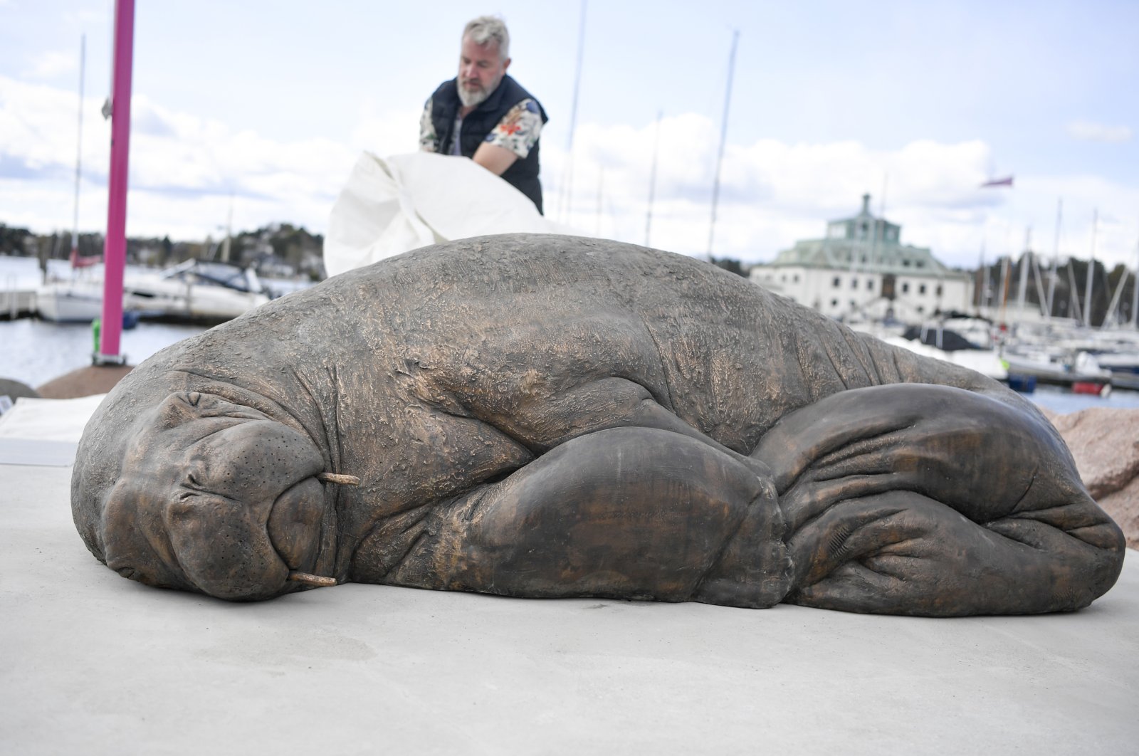 The sculpture of Freya the walrus by artist Astri Tonoian, which stands in Kongen Marina by Frognerkilen, in Oslo, Norway, April 29, 2023. (EPA Photo)