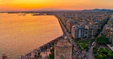 An aerial view shows the iconic White Tower, in Thessaloniki, Greece. (Shutterstock Photo)