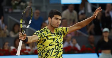 Spain&#039;s Carlos Alcaraz celebrates after winning his men&#039;s singles match against Bulgaria&#039;s Grigor Dimitrov at the Madrid Open tennis tournament, Madrid, Spain, April 30, 2023. (EPA Photo)