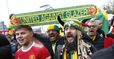 Manchester United fans protest against the Glazer family’s ownership of the club outside the stadium before the match against Aston Villa, Manchester, U.K., April 30, 2023. (Reuters Photo)