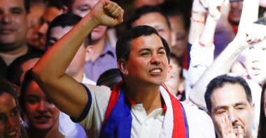 Paraguayan presidential candidate Santiago Pena from the ruling Colorado Party celebrates at the party headquarters, Asuncion, Paraguay, April 30, 2023. (Reuters Photo)