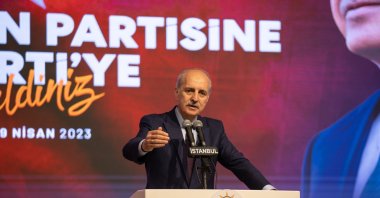 Ruling Justice and Development Party (AK Party) Deputy Chairperson Numan Kurtulmuş speaks at a program in Istanbul, Türkiye, April 29, 2023. (AA Photo)