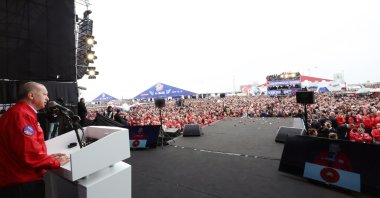 President Recep Tayyip Erdoğan addresses the Teknofest event at Atatürk Airport, in Istanbul, Türkiye, April 29, 2023. (AA Photo)