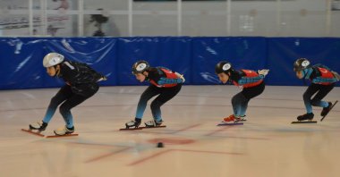 Turkish young short track speed skating athletes train ahead of the world and European championships, Erzurum, Türkiye, April 28, 2023. (AA Photo)