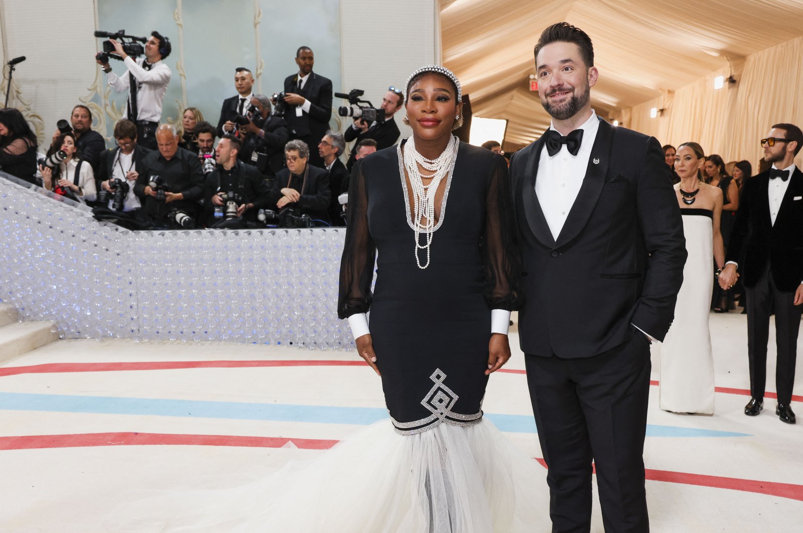 Serena Williams and Alexis Ohanian pose at the Met Gala, an annual fundraising gala held for the benefit of the Metropolitan Museum of Art&#039;s Costume Institute with this year&#039;s theme &quot;Karl Lagerfeld: A Line of Beauty,&quot; New York, U.S., May 1, 2023. (Reuters Photo)