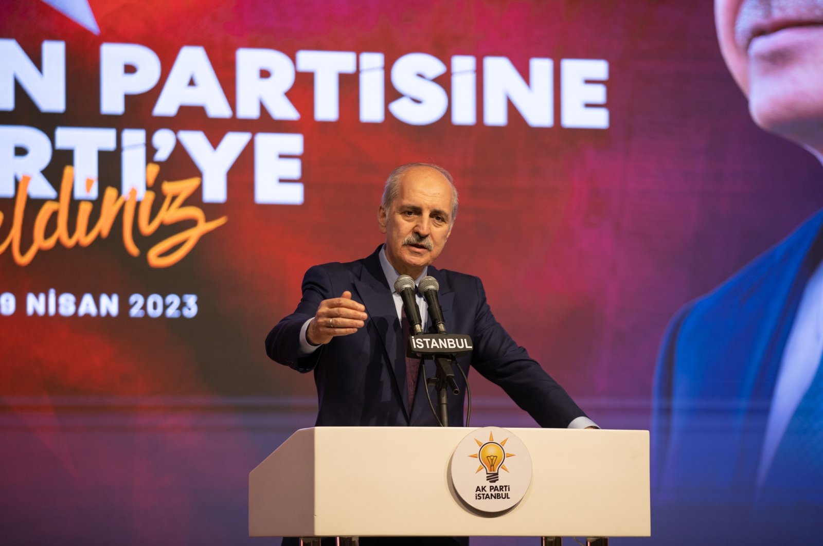 Ruling Justice and Development Party (AK Party) Deputy Chairperson Numan Kurtulmuş speaks at a program in Istanbul, Türkiye, April 29, 2023. (AA Photo)