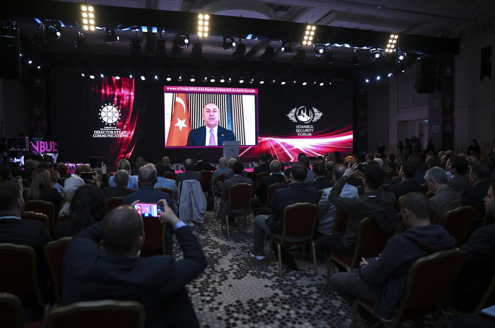 Foreign Minister Mevlüt Çavuşoğlu addresses the forum via videolink, in Istanbul, Türkiye, May 2, 2023. (AA Photo)