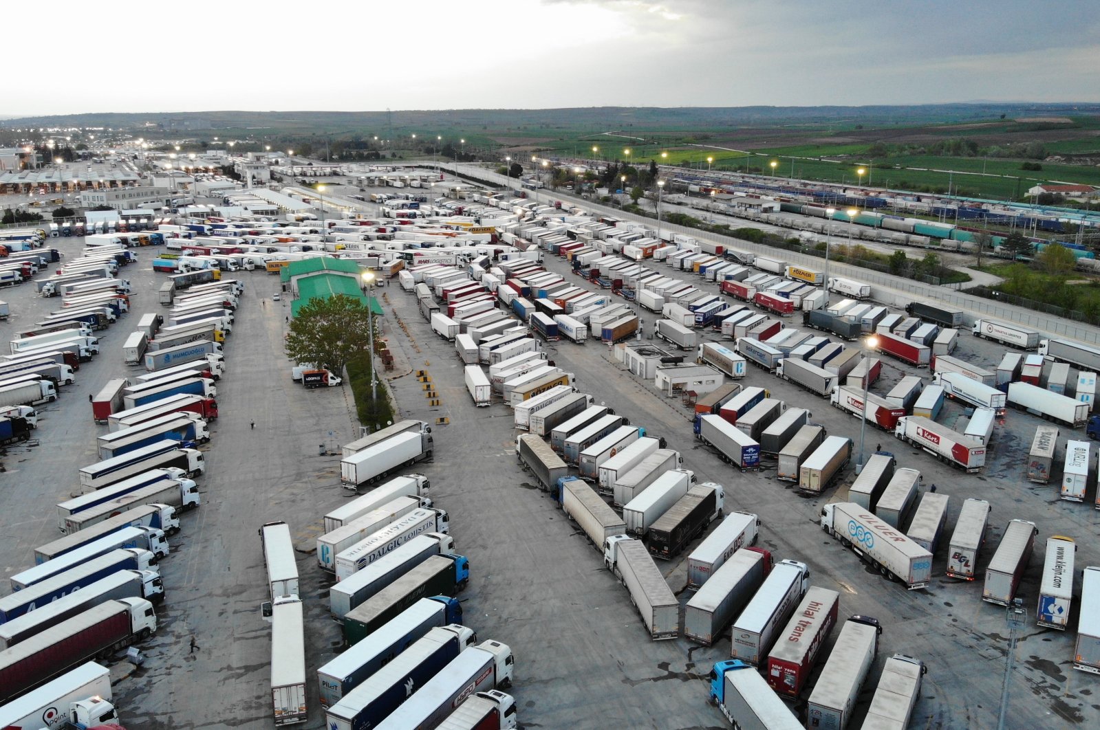 Trucks loaded with export goods tailored for Europe parked near the Kapıkule Border Gate in northwestern Türkiye&#039;s Edirne province bordering Bulgaria, April 22, 2023. (IHA Photo)
