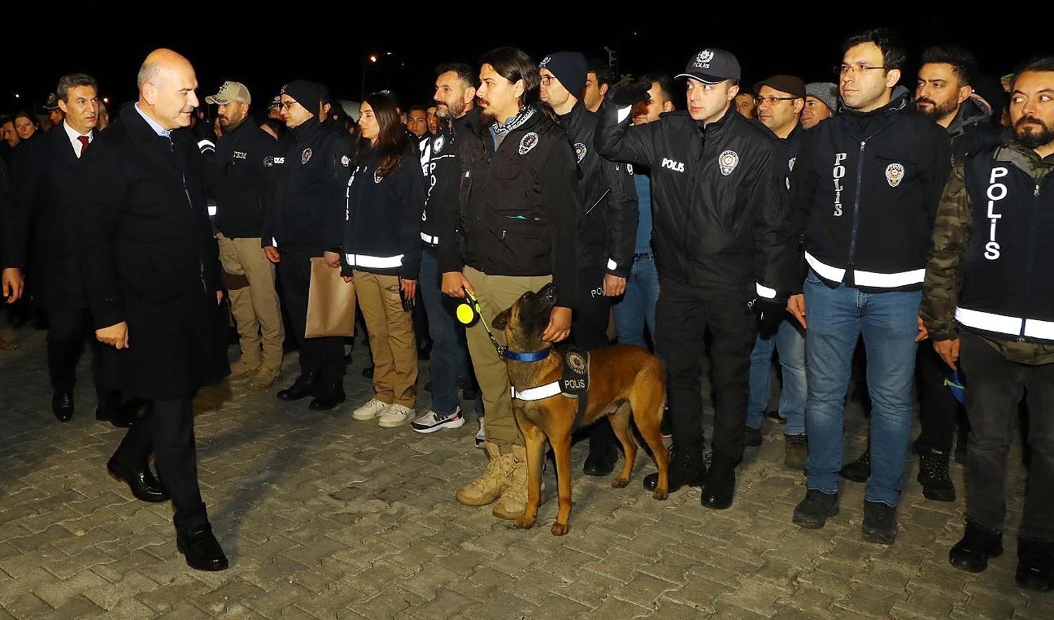 Interior Minister Süleyman Soylu is seen along with his team and a police drug-sniffer dog after a successful anti-narcotics operation in Erzurum, Türkiye, May 3, 2023. (DHA Photo)