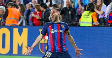 Barcelona's Jordi Alba celebrates after scoring his team's only goal against Osasuna during a La Liga match at the Camp Nou, Barcelona, Spain, May 2, 2023. (AA Photo)