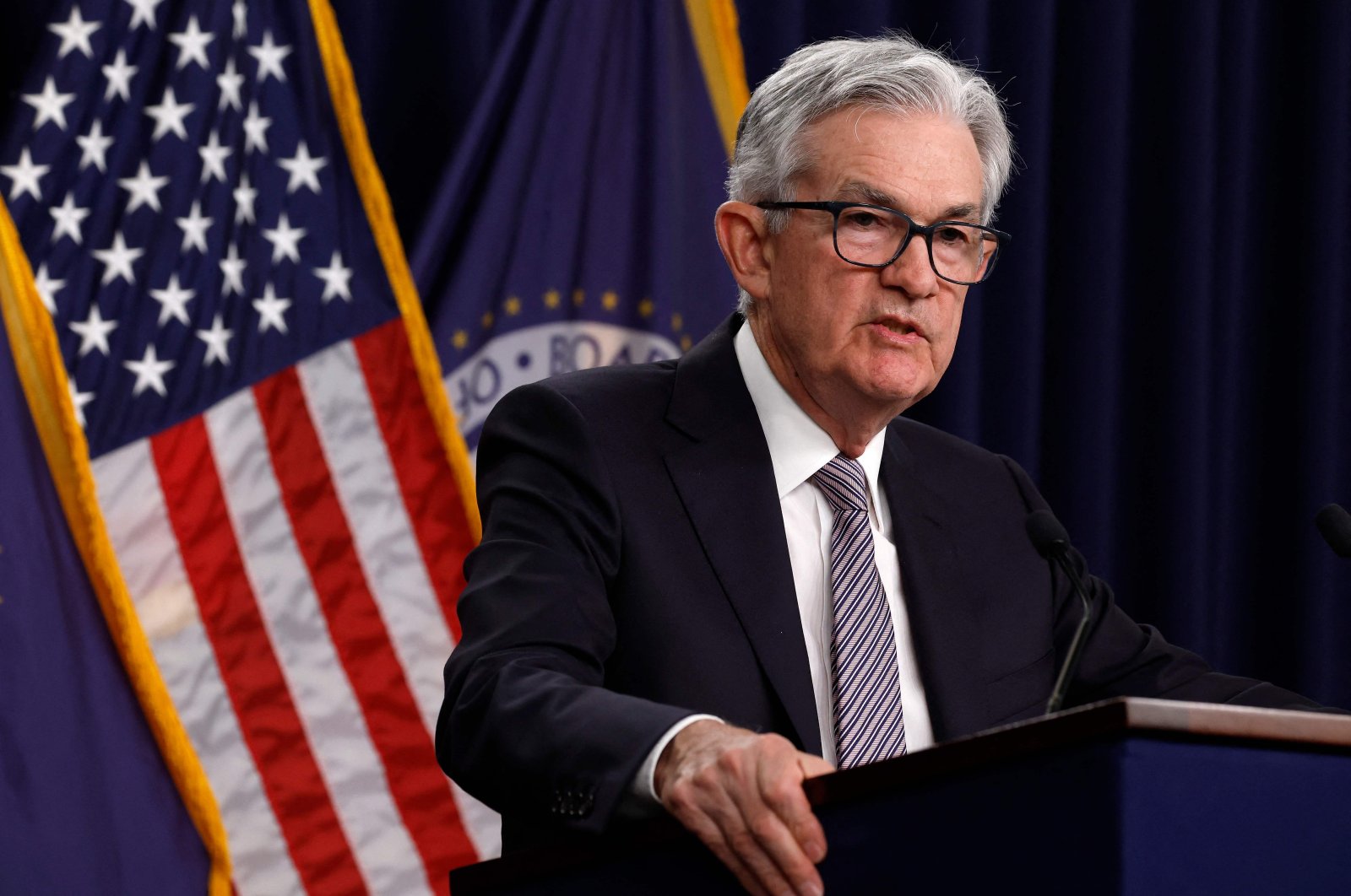 Federal Reserve Board Chairman Jerome Powell delivers remarks at a news conference following a Federal Open Market Committee meeting in Washington, D.C.  on May 3, 2023. (AFP Photo)
