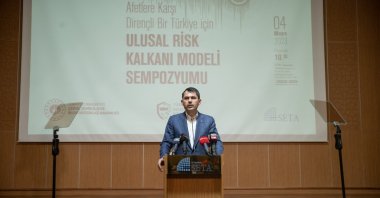 Murat Kurum, Minister of Environment, Urbanization and Climate Change speaks during the "National Risk Shield Model Symposium for a Disaster-Resilient Türkiye" organized by Foundation for Political, Economic and Social Research (SETA), Istanbul, Türkiye, May 4, 2023. (AA Photo)