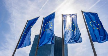 European flags fluttering in front of the European Central Bank (ECB) prior to a press conference on the eurozone&#039;s monetary policy, in Frankfurt am Main, western Germany, May 4, 2023. (AFP Photo)