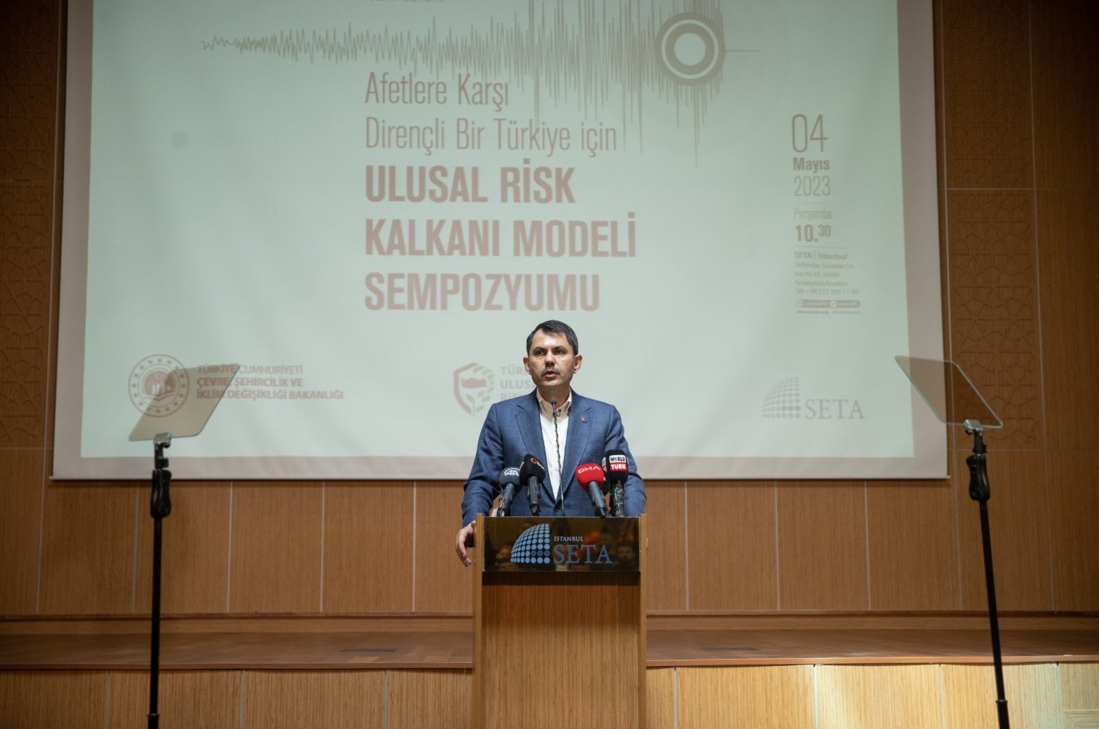 Murat Kurum, Minister of Environment, Urbanization and Climate Change speaks during the &quot;National Risk Shield Model Symposium for a Disaster-Resilient Türkiye&quot; organized by Foundation for Political, Economic and Social Research (SETA), Istanbul, Türkiye, May 4, 2023. (AA Photo)