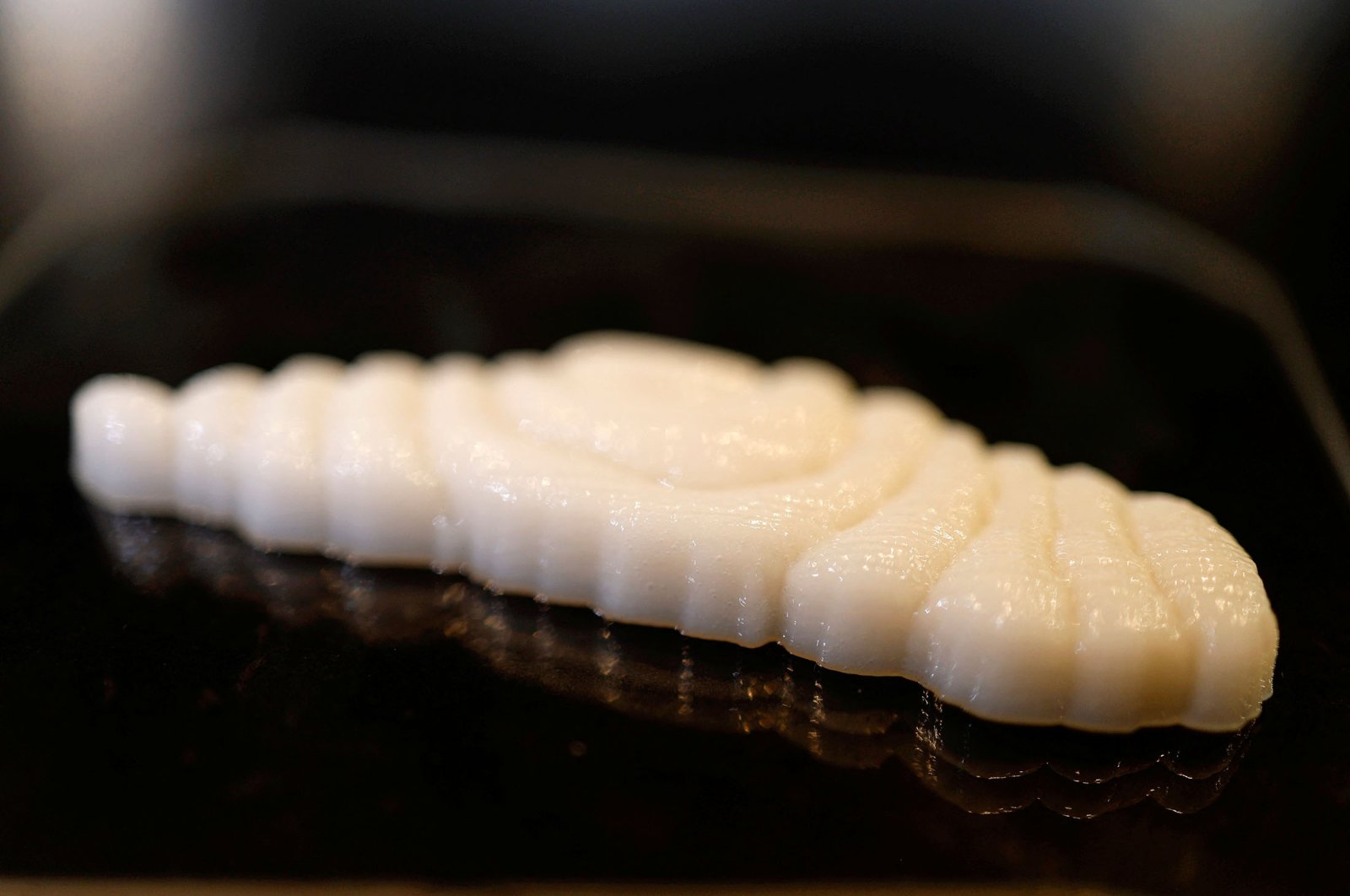 A piece of freshly 3D-printed cultivated grouper fish at the offices of Steakholder Foods in Rehovot, Israel, April 23, 2023. (Reuters Photo)