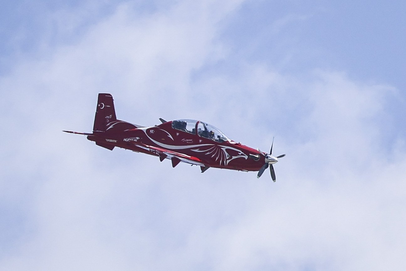 TAI's Hürkuş conducts a demonstration flight as part of Teknofest in Istanbul, Türkiye, April 28, 2023. (AA Photo)