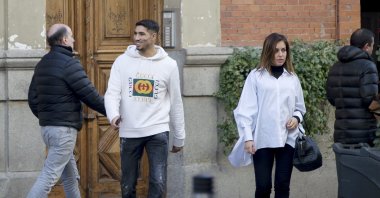 Hiba Abouk and Achraf Hakimi are seen walking in public, Madrid, Spain, Jan. 03, 2020. (Getty Images Photo)
