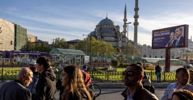 A billboard carrying a picture of President Recep Tayyip Erdoğan and Interior Minister Süleyman Soylu is seen ahead of the May 14 presidential and parliamentary elections, Istanbul, Türkiye, May 2, 2023. (Reuters Photo)